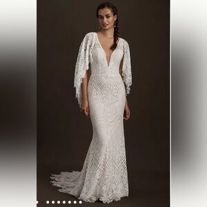 BHLDN Odalis Cape-Sleeve Deep-V Lace Wedding Gown